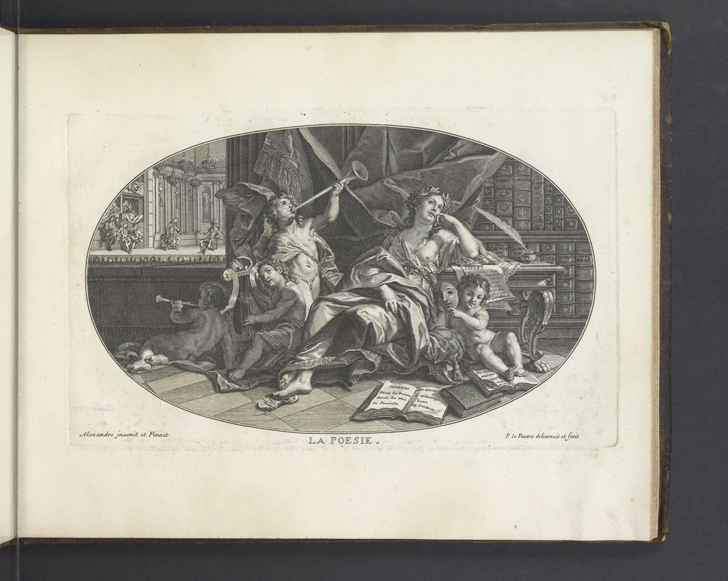 An illustration from Le Cabinet des Beaux Arts, ou, Recueil d'estampes gravés d'après les tableaux d'un plafond ou les beaux arts sont representées : avec explication de ces mêmes tableaux, 1690, leaf 40