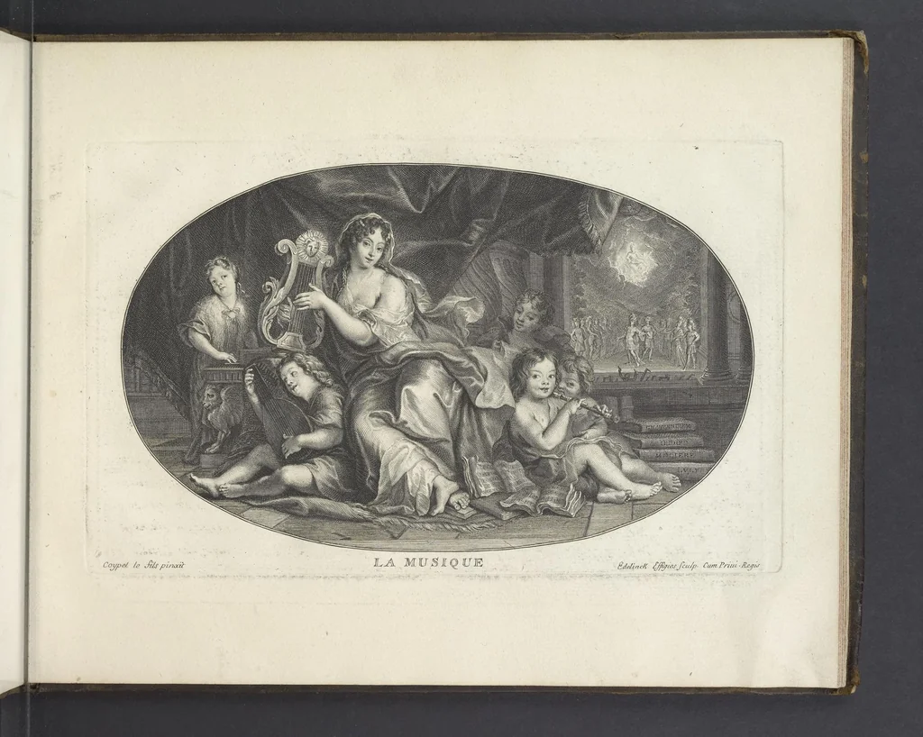 An illustration from Le Cabinet des Beaux Arts, ou, Recueil d'estampes gravés d'après les tableaux d'un plafond ou les beaux arts sont representées : avec explication de ces mêmes tableaux, 1690, leaf 46