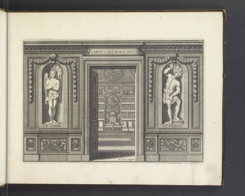 An illustration from Le Cabinet des Beaux Arts, ou, Recueil d'estampes gravés d'après les tableaux d'un plafond ou les beaux arts sont representées : avec explication de ces mêmes tableaux, 1690, leaf 6