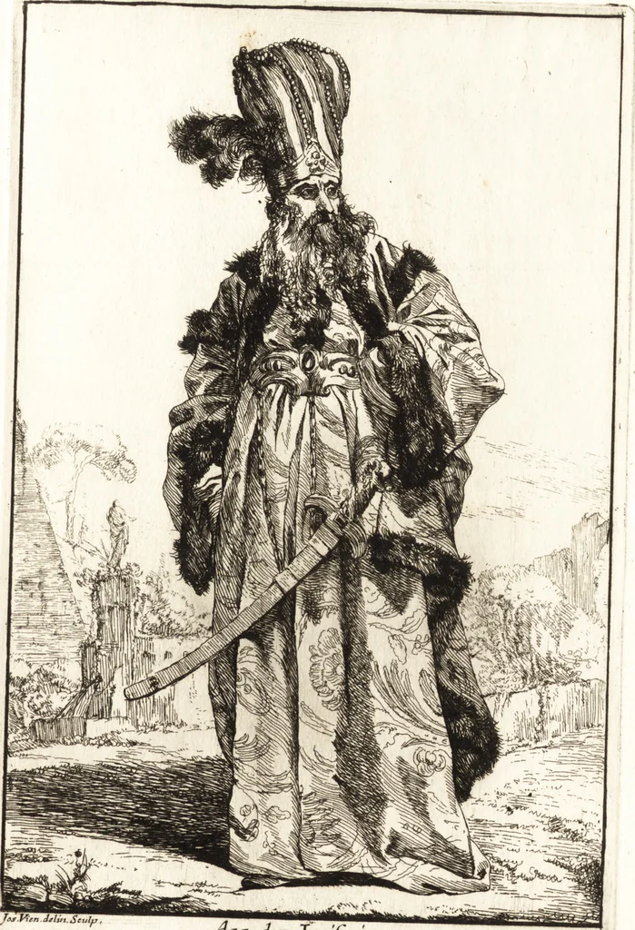 An illustration from Caravanne du sultan ala Mecque : mascarade turque donnée a Rome par Messieurs les pensionnaires de l'Academie de France et leurs amis au Carnaval de l'année 1748 : dediée à messire Iean Francois de Troy, ecuïer, conseiller sécrétaire du Roi, chevalier de l'Ordre de S. Michel, directeur de l'Academie roïale de France a Rome, ancien Recteur de celle de Paris, et ancien Prince de l'Academie de S. Luc de Rome &c ..., 1749, leaf 10