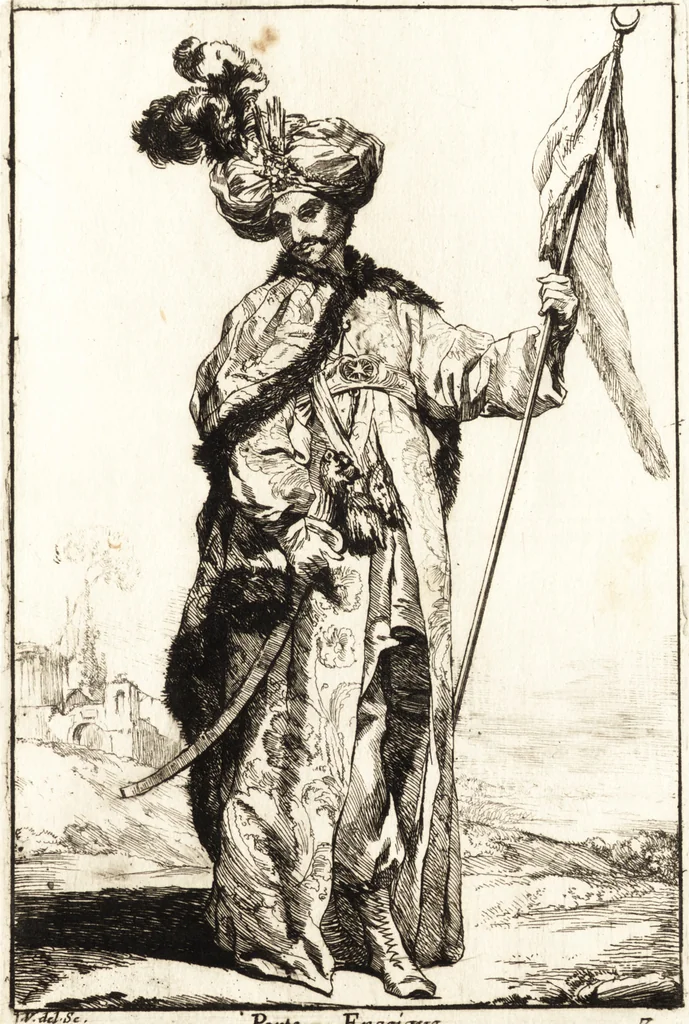An illustration from Caravanne du sultan ala Mecque : mascarade turque donnée a Rome par Messieurs les pensionnaires de l'Academie de France et leurs amis au Carnaval de l'année 1748 : dediée à messire Iean Francois de Troy, ecuïer, conseiller sécrétaire du Roi, chevalier de l'Ordre de S. Michel, directeur de l'Academie roïale de France a Rome, ancien Recteur de celle de Paris, et ancien Prince de l'Academie de S. Luc de Rome &c ..., 1749, leaf 14