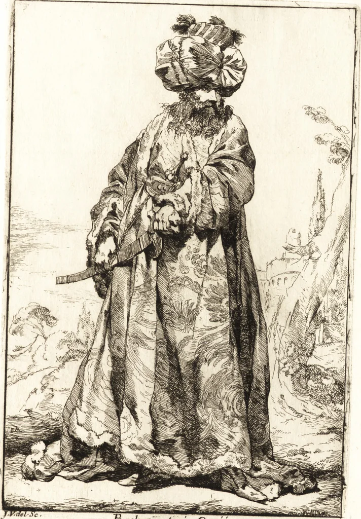 An illustration from Caravanne du sultan ala Mecque : mascarade turque donnée a Rome par Messieurs les pensionnaires de l'Academie de France et leurs amis au Carnaval de l'année 1748 : dediée à messire Iean Francois de Troy, ecuïer, conseiller sécrétaire du Roi, chevalier de l'Ordre de S. Michel, directeur de l'Academie roïale de France a Rome, ancien Recteur de celle de Paris, et ancien Prince de l'Academie de S. Luc de Rome &c ..., 1749, leaf 16