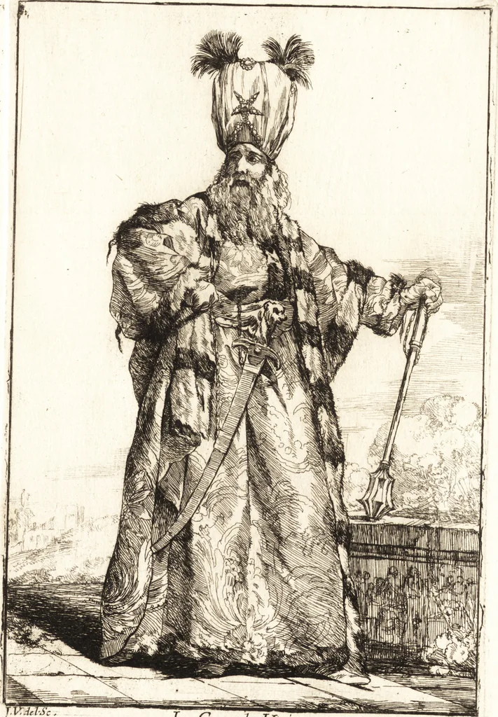 An illustration from Caravanne du sultan ala Mecque : mascarade turque donnée a Rome par Messieurs les pensionnaires de l'Academie de France et leurs amis au Carnaval de l'année 1748 : dediée à messire Iean Francois de Troy, ecuïer, conseiller sécrétaire du Roi, chevalier de l'Ordre de S. Michel, directeur de l'Academie roïale de France a Rome, ancien Recteur de celle de Paris, et ancien Prince de l'Academie de S. Luc de Rome &c ..., 1749, leaf 18