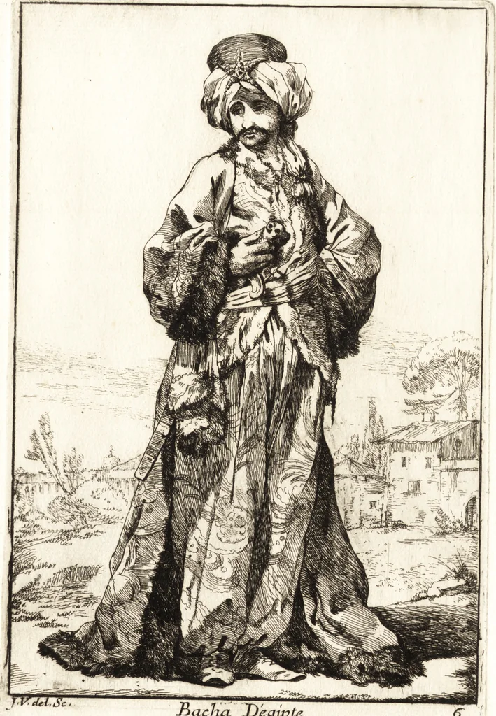 An illustration from Caravanne du sultan ala Mecque : mascarade turque donnée a Rome par Messieurs les pensionnaires de l'Academie de France et leurs amis au Carnaval de l'année 1748 : dediée à messire Iean Francois de Troy, ecuïer, conseiller sécrétaire du Roi, chevalier de l'Ordre de S. Michel, directeur de l'Academie roïale de France a Rome, ancien Recteur de celle de Paris, et ancien Prince de l'Academie de S. Luc de Rome &c ..., 1749, leaf 20