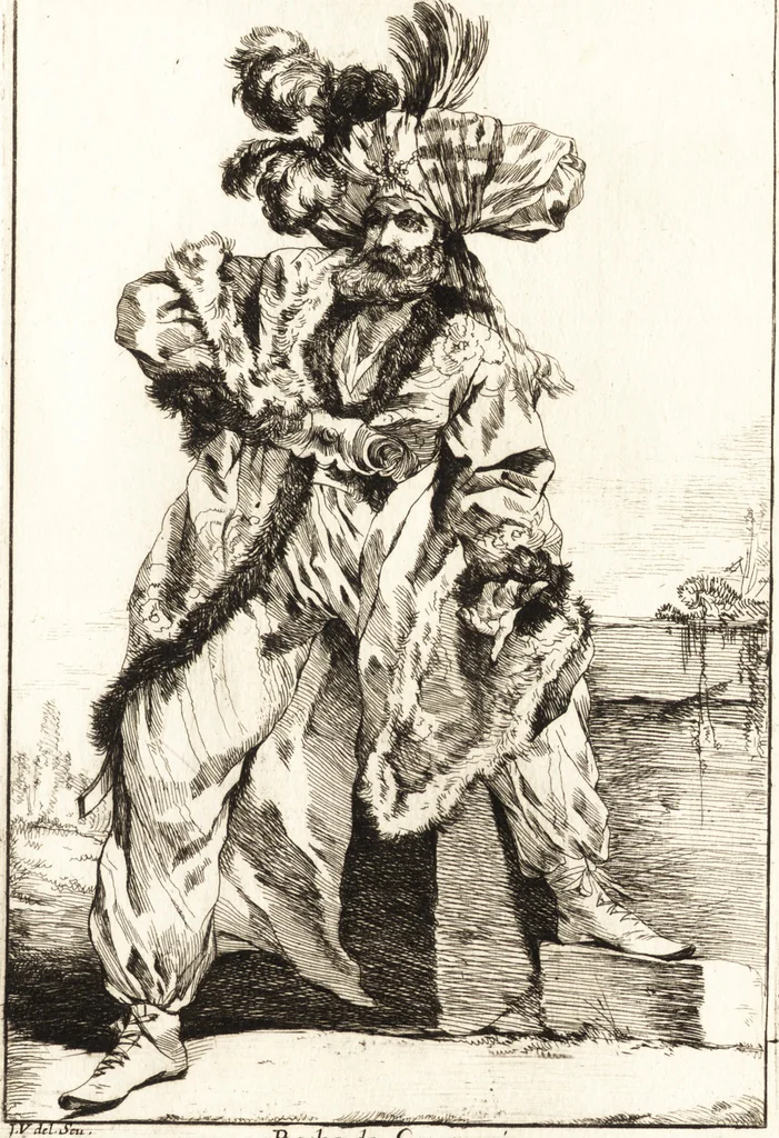 An illustration from Caravanne du sultan ala Mecque : mascarade turque donnée a Rome par Messieurs les pensionnaires de l'Academie de France et leurs amis au Carnaval de l'année 1748 : dediée à messire Iean Francois de Troy, ecuïer, conseiller sécrétaire du Roi, chevalier de l'Ordre de S. Michel, directeur de l'Academie roïale de France a Rome, ancien Recteur de celle de Paris, et ancien Prince de l'Academie de S. Luc de Rome &c ..., 1749, leaf 22