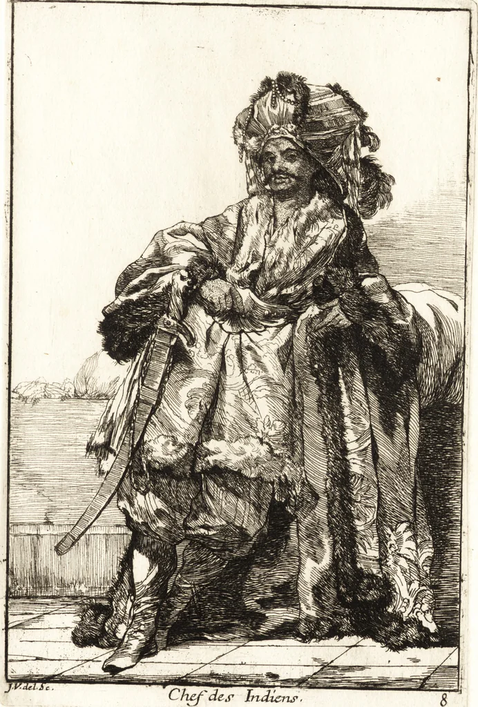 An illustration from Caravanne du sultan ala Mecque : mascarade turque donnée a Rome par Messieurs les pensionnaires de l'Academie de France et leurs amis au Carnaval de l'année 1748 : dediée à messire Iean Francois de Troy, ecuïer, conseiller sécrétaire du Roi, chevalier de l'Ordre de S. Michel, directeur de l'Academie roïale de France a Rome, ancien Recteur de celle de Paris, et ancien Prince de l'Academie de S. Luc de Rome &c ..., 1749, leaf 24