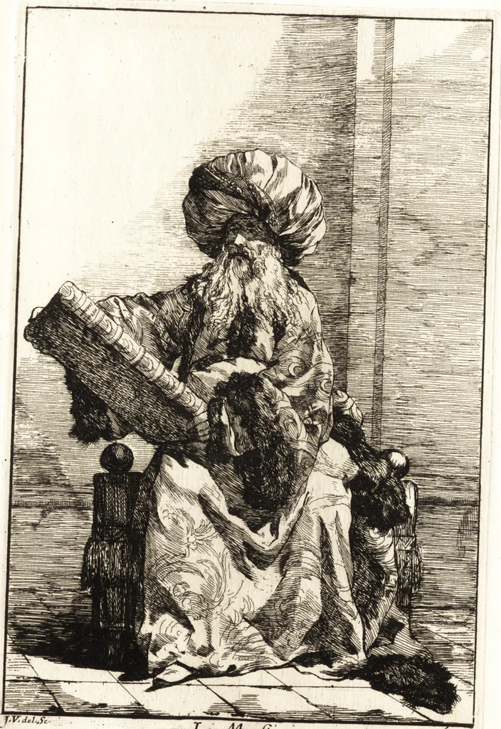 An illustration from Caravanne du sultan ala Mecque : mascarade turque donnée a Rome par Messieurs les pensionnaires de l'Academie de France et leurs amis au Carnaval de l'année 1748 : dediée à messire Iean Francois de Troy, ecuïer, conseiller sécrétaire du Roi, chevalier de l'Ordre de S. Michel, directeur de l'Academie roïale de France a Rome, ancien Recteur de celle de Paris, et ancien Prince de l'Academie de S. Luc de Rome &c ..., 1749, leaf 28
