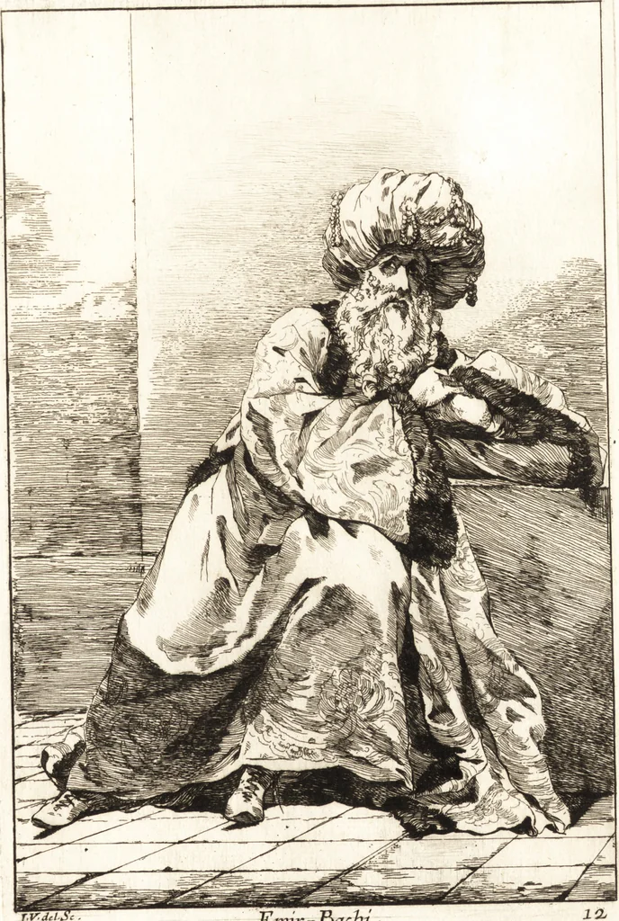 An illustration from Caravanne du sultan ala Mecque : mascarade turque donnée a Rome par Messieurs les pensionnaires de l'Academie de France et leurs amis au Carnaval de l'année 1748 : dediée à messire Iean Francois de Troy, ecuïer, conseiller sécrétaire du Roi, chevalier de l'Ordre de S. Michel, directeur de l'Academie roïale de France a Rome, ancien Recteur de celle de Paris, et ancien Prince de l'Academie de S. Luc de Rome &c ..., 1749, leaf 32