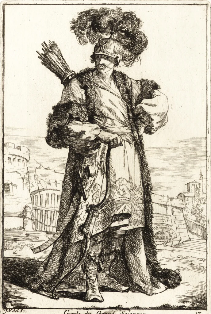 An illustration from Caravanne du sultan ala Mecque : mascarade turque donnée a Rome par Messieurs les pensionnaires de l'Academie de France et leurs amis au Carnaval de l'année 1748 : dediée à messire Iean Francois de Troy, ecuïer, conseiller sécrétaire du Roi, chevalier de l'Ordre de S. Michel, directeur de l'Academie roïale de France a Rome, ancien Recteur de celle de Paris, et ancien Prince de l'Academie de S. Luc de Rome &c ..., 1749, leaf 34