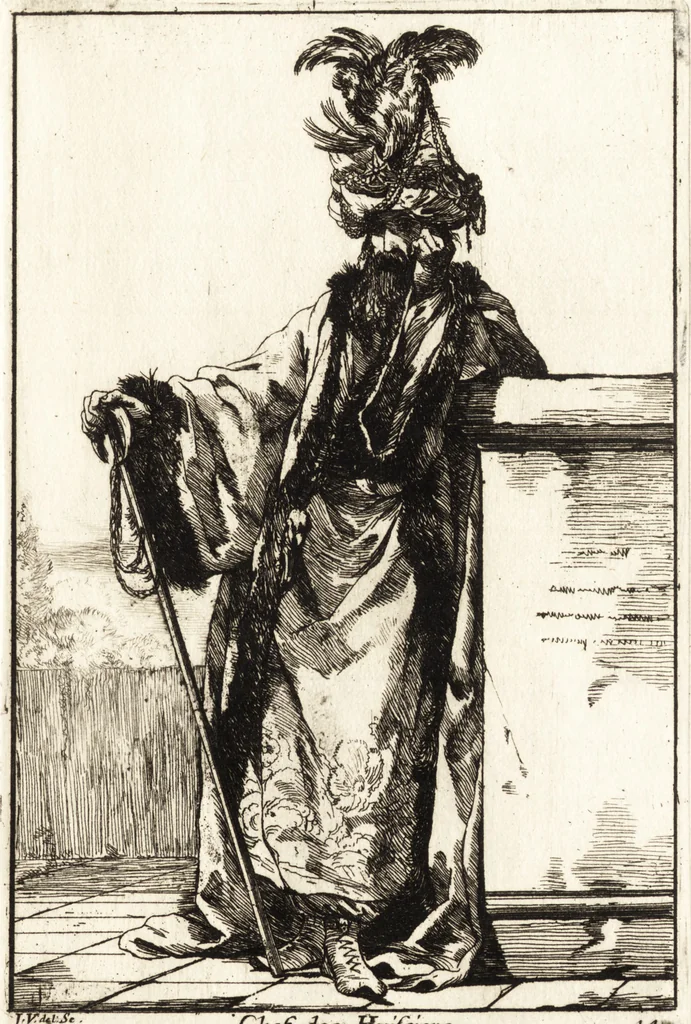 An illustration from Caravanne du sultan ala Mecque : mascarade turque donnée a Rome par Messieurs les pensionnaires de l'Academie de France et leurs amis au Carnaval de l'année 1748 : dediée à messire Iean Francois de Troy, ecuïer, conseiller sécrétaire du Roi, chevalier de l'Ordre de S. Michel, directeur de l'Academie roïale de France a Rome, ancien Recteur de celle de Paris, et ancien Prince de l'Academie de S. Luc de Rome &c ..., 1749, leaf 36