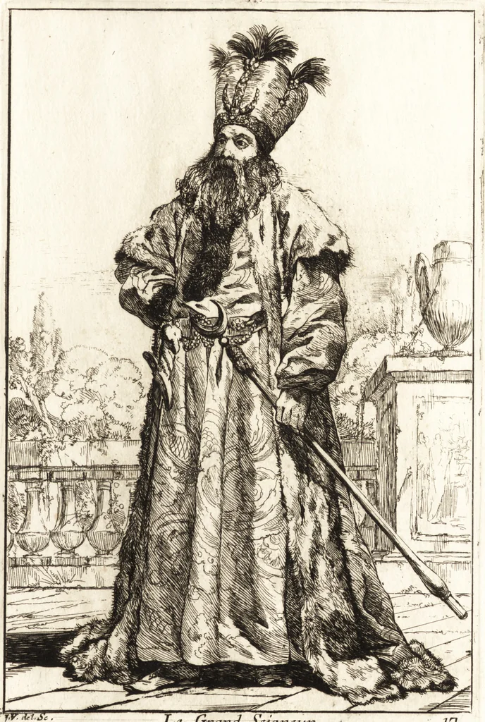 An illustration from Caravanne du sultan ala Mecque : mascarade turque donnée a Rome par Messieurs les pensionnaires de l'Academie de France et leurs amis au Carnaval de l'année 1748 : dediée à messire Iean Francois de Troy, ecuïer, conseiller sécrétaire du Roi, chevalier de l'Ordre de S. Michel, directeur de l'Academie roïale de France a Rome, ancien Recteur de celle de Paris, et ancien Prince de l'Academie de S. Luc de Rome &c ..., 1749, leaf 42