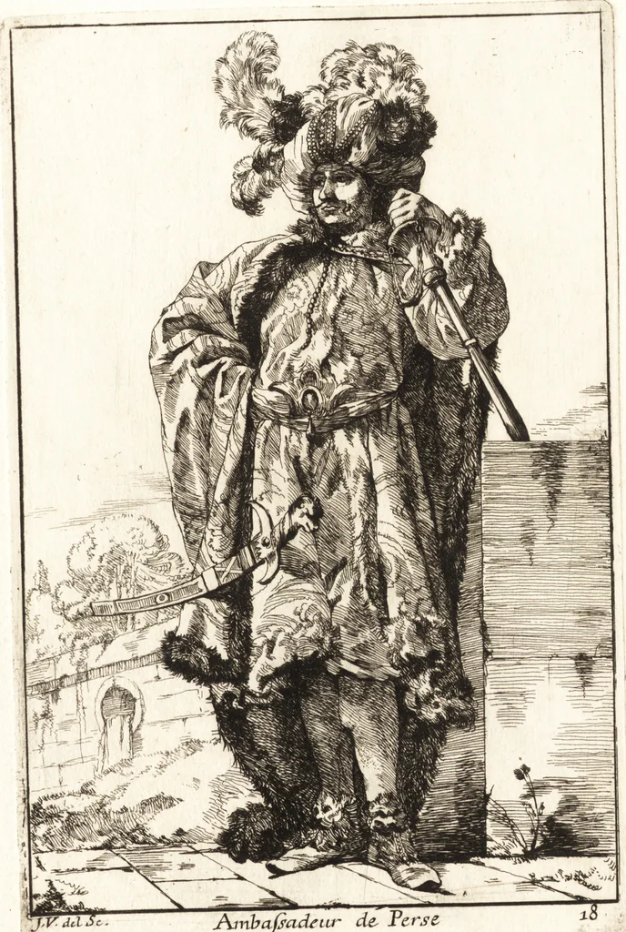An illustration from Caravanne du sultan ala Mecque : mascarade turque donnée a Rome par Messieurs les pensionnaires de l'Academie de France et leurs amis au Carnaval de l'année 1748 : dediée à messire Iean Francois de Troy, ecuïer, conseiller sécrétaire du Roi, chevalier de l'Ordre de S. Michel, directeur de l'Academie roïale de France a Rome, ancien Recteur de celle de Paris, et ancien Prince de l'Academie de S. Luc de Rome &c ..., 1749, leaf 44
