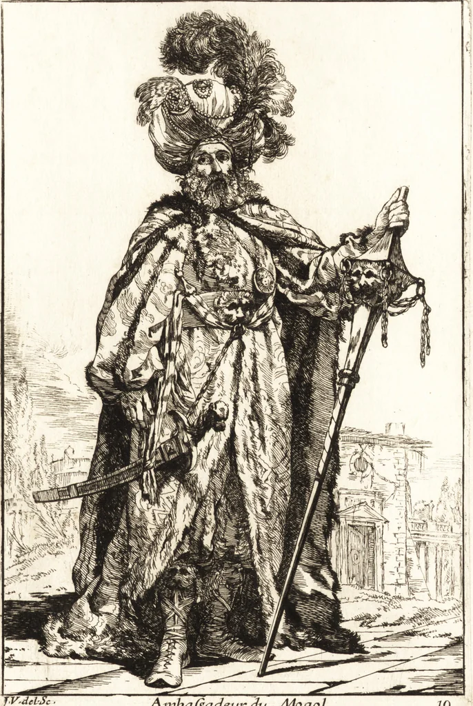 An illustration from Caravanne du sultan ala Mecque : mascarade turque donnée a Rome par Messieurs les pensionnaires de l'Academie de France et leurs amis au Carnaval de l'année 1748 : dediée à messire Iean Francois de Troy, ecuïer, conseiller sécrétaire du Roi, chevalier de l'Ordre de S. Michel, directeur de l'Academie roïale de France a Rome, ancien Recteur de celle de Paris, et ancien Prince de l'Academie de S. Luc de Rome &c ..., 1749, leaf 46
