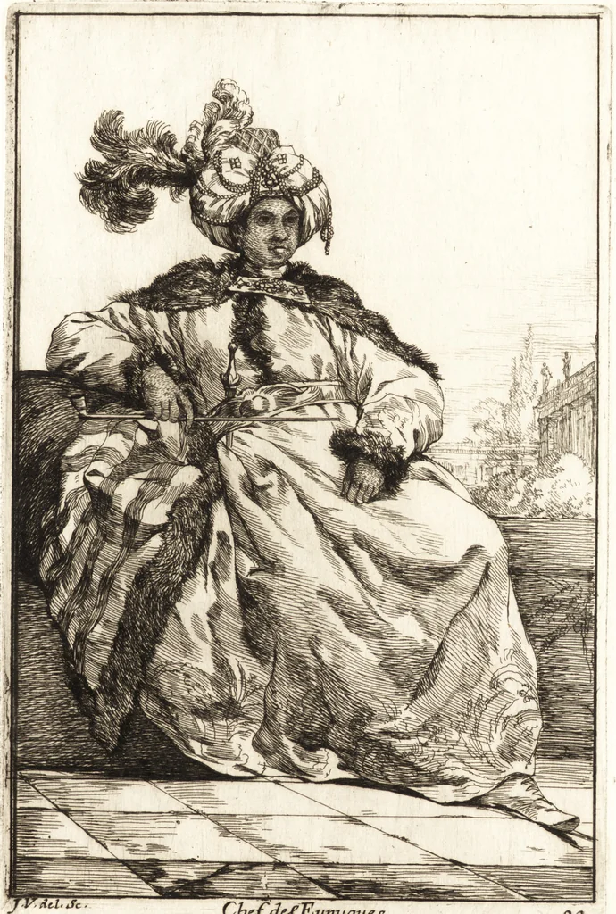 An illustration from Caravanne du sultan ala Mecque : mascarade turque donnée a Rome par Messieurs les pensionnaires de l'Academie de France et leurs amis au Carnaval de l'année 1748 : dediée à messire Iean Francois de Troy, ecuïer, conseiller sécrétaire du Roi, chevalier de l'Ordre de S. Michel, directeur de l'Academie roïale de France a Rome, ancien Recteur de celle de Paris, et ancien Prince de l'Academie de S. Luc de Rome &c ..., 1749, leaf 48