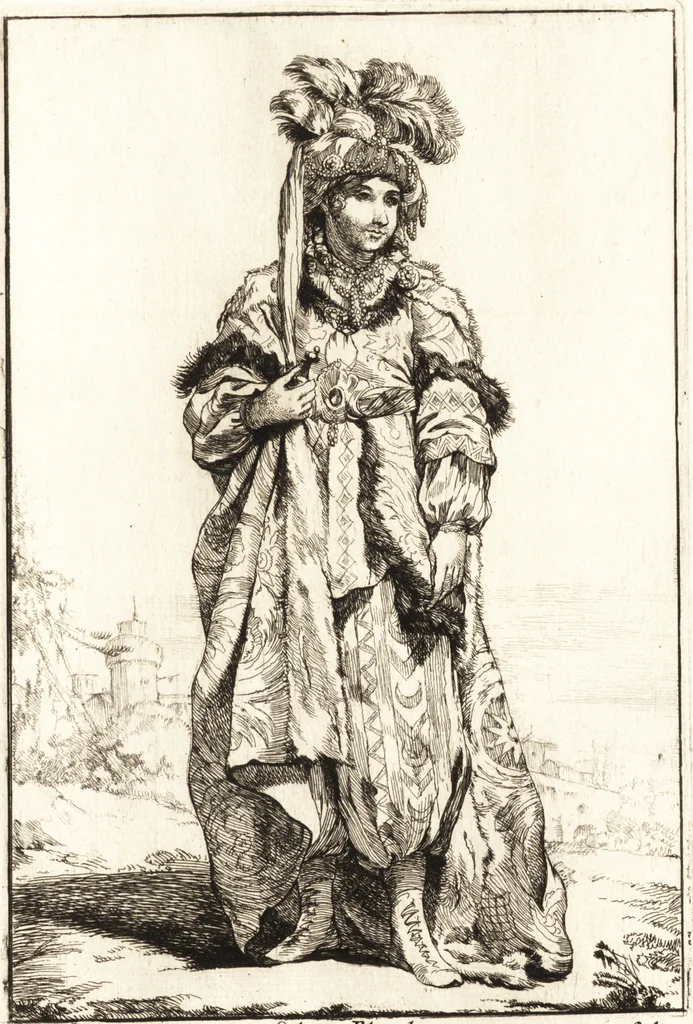 An illustration from Caravanne du sultan ala Mecque : mascarade turque donnée a Rome par Messieurs les pensionnaires de l'Academie de France et leurs amis au Carnaval de l'année 1748 : dediée à messire Iean Francois de Troy, ecuïer, conseiller sécrétaire du Roi, chevalier de l'Ordre de S. Michel, directeur de l'Academie roïale de France a Rome, ancien Recteur de celle de Paris, et ancien Prince de l'Academie de S. Luc de Rome &c ..., 1749, leaf 56