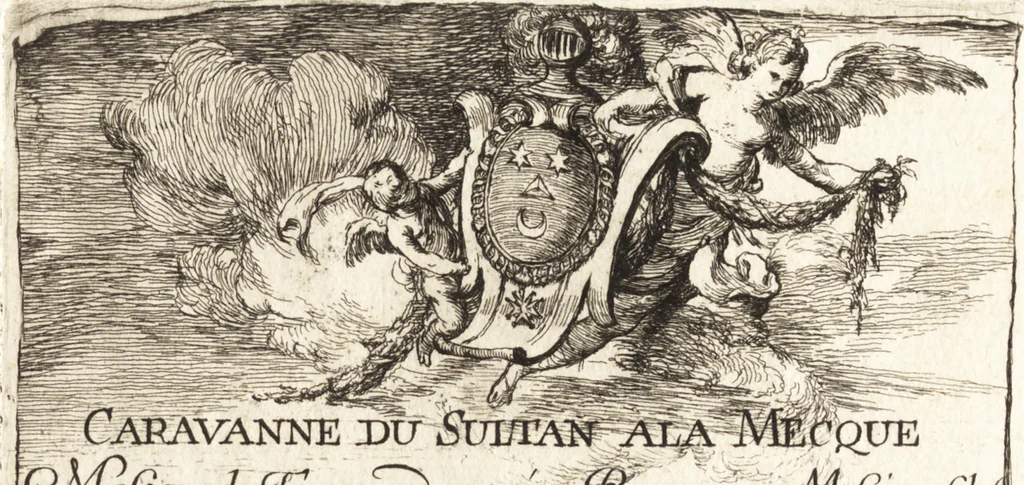 An illustration from Caravanne du sultan ala Mecque : mascarade turque donnée a Rome par Messieurs les pensionnaires de l'Academie de France et leurs amis au Carnaval de l'année 1748 : dediée à messire Iean Francois de Troy, ecuïer, conseiller sécrétaire du Roi, chevalier de l'Ordre de S. Michel, directeur de l'Academie roïale de France a Rome, ancien Recteur de celle de Paris, et ancien Prince de l'Academie de S. Luc de Rome &c ..., 1749, leaf 6