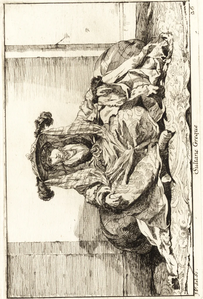 An illustration from Caravanne du sultan ala Mecque : mascarade turque donnée a Rome par Messieurs les pensionnaires de l'Academie de France et leurs amis au Carnaval de l'année 1748 : dediée à messire Iean Francois de Troy, ecuïer, conseiller sécrétaire du Roi, chevalier de l'Ordre de S. Michel, directeur de l'Academie roïale de France a Rome, ancien Recteur de celle de Paris, et ancien Prince de l'Academie de S. Luc de Rome &c ..., 1749, leaf 60