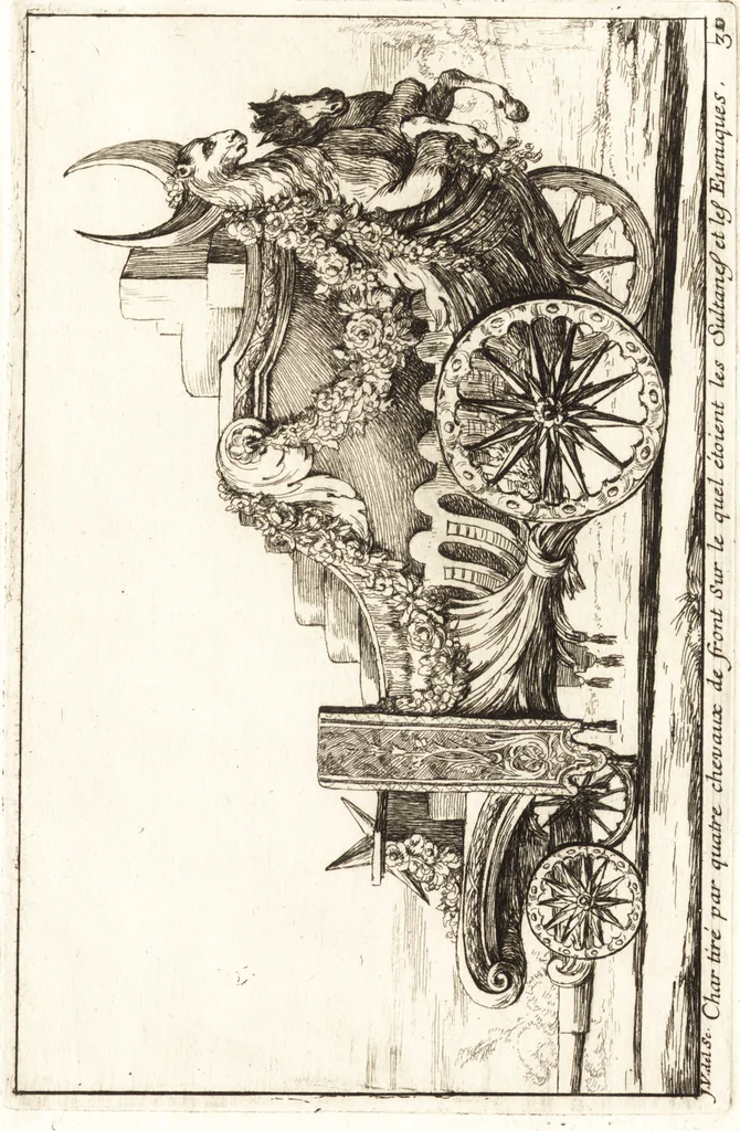 An illustration from Caravanne du sultan ala Mecque : mascarade turque donnée a Rome par Messieurs les pensionnaires de l'Academie de France et leurs amis au Carnaval de l'année 1748 : dediée à messire Iean Francois de Troy, ecuïer, conseiller sécrétaire du Roi, chevalier de l'Ordre de S. Michel, directeur de l'Academie roïale de France a Rome, ancien Recteur de celle de Paris, et ancien Prince de l'Academie de S. Luc de Rome &c ..., 1749, leaf 68