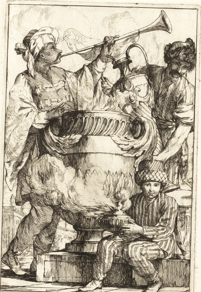 An illustration from Caravanne du sultan ala Mecque : mascarade turque donnée a Rome par Messieurs les pensionnaires de l'Academie de France et leurs amis au Carnaval de l'année 1748 : dediée à messire Iean Francois de Troy, ecuïer, conseiller sécrétaire du Roi, chevalier de l'Ordre de S. Michel, directeur de l'Academie roïale de France a Rome, ancien Recteur de celle de Paris, et ancien Prince de l'Academie de S. Luc de Rome &c ..., 1749, leaf 8