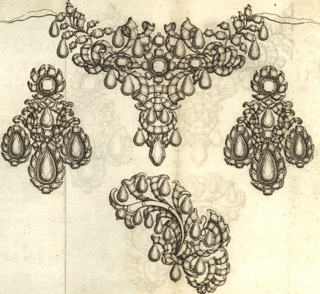 An illustration from Catalogue raisonné des tableaux, diamans, bagues de toute espéce, bijoux & autres effets provenant de la succession de feu Monsieur Charles Godefroy, banquier & joüaillier, 1748, leaf 17