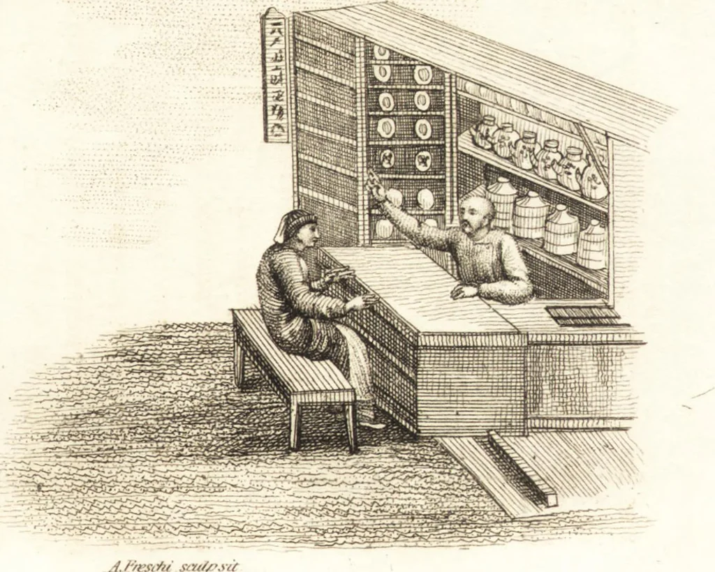 An illustration from China, its costume, arts, manufactures, &c. : edited principally from the originals in the cabinet of the late M. Bertin, with observations explanatory, historical, and literary, 1812, leaf 108