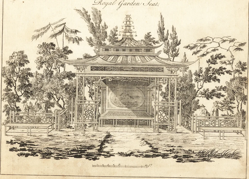 An illustration from Chinese architecture, civil and ornamental. Being a large collection of the most elegant and useful designs of plans and elevations, &c. from the imperial retreat to the smallest ornamental building in China. Likewise their marine subjects. The whole to adorn gardens, parks, forests, woods, canals, &c. .., 1759, leaf 12