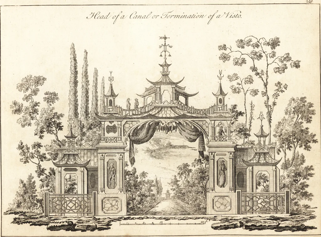 An illustration from Chinese architecture, civil and ornamental. Being a large collection of the most elegant and useful designs of plans and elevations, &c. from the imperial retreat to the smallest ornamental building in China. Likewise their marine subjects. The whole to adorn gardens, parks, forests, woods, canals, &c. .., 1759, leaf 14