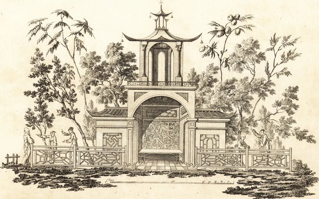 An illustration from Chinese architecture, civil and ornamental. Being a large collection of the most elegant and useful designs of plans and elevations, &c. from the imperial retreat to the smallest ornamental building in China. Likewise their marine subjects. The whole to adorn gardens, parks, forests, woods, canals, &c. .., 1759, leaf 16