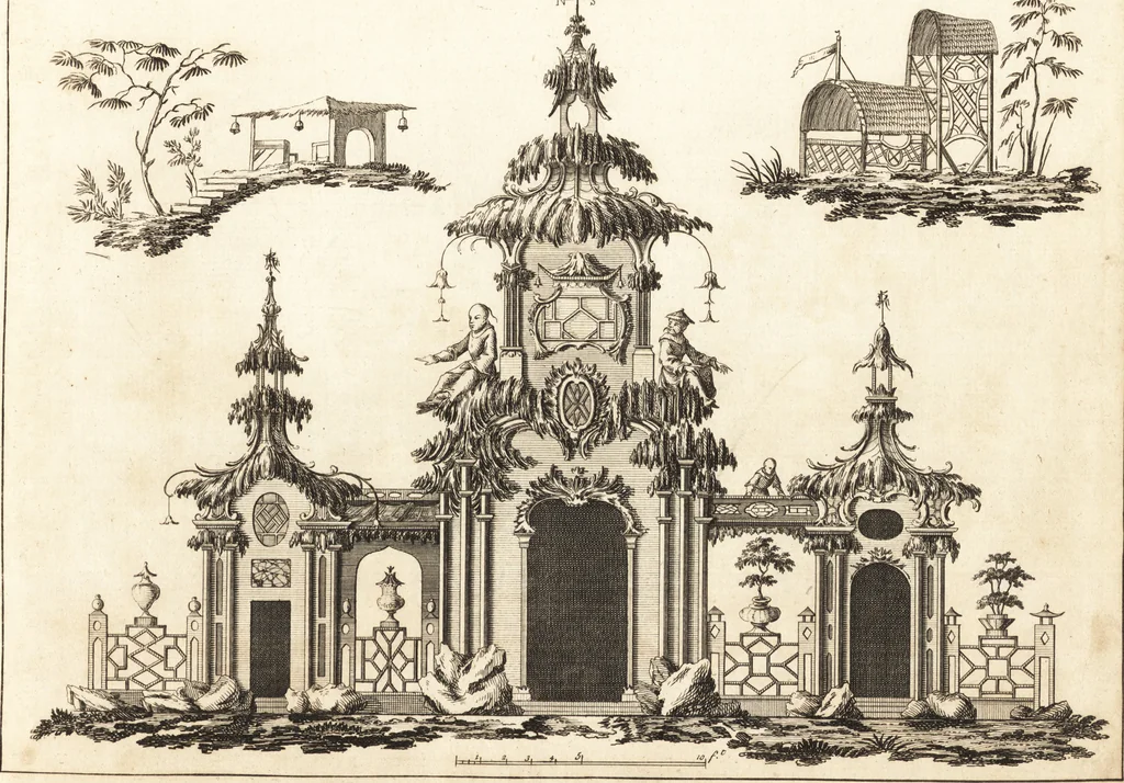 An illustration from Chinese architecture, civil and ornamental. Being a large collection of the most elegant and useful designs of plans and elevations, &c. from the imperial retreat to the smallest ornamental building in China. Likewise their marine subjects. The whole to adorn gardens, parks, forests, woods, canals, &c. .., 1759, leaf 18