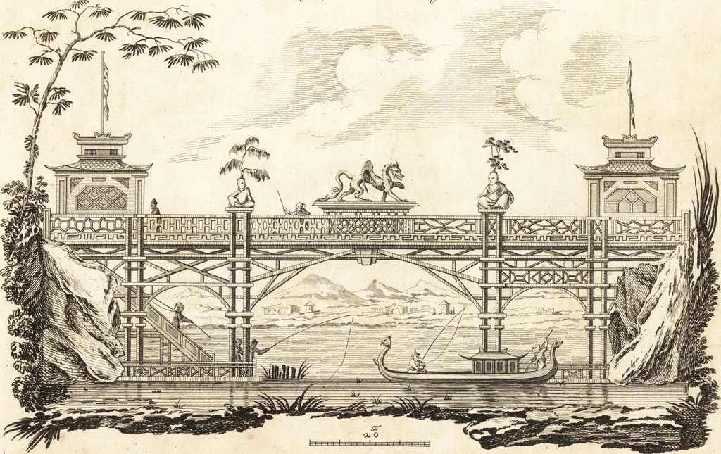 An illustration from Chinese architecture, civil and ornamental. Being a large collection of the most elegant and useful designs of plans and elevations, &c. from the imperial retreat to the smallest ornamental building in China. Likewise their marine subjects. The whole to adorn gardens, parks, forests, woods, canals, &c. .., 1759, leaf 20