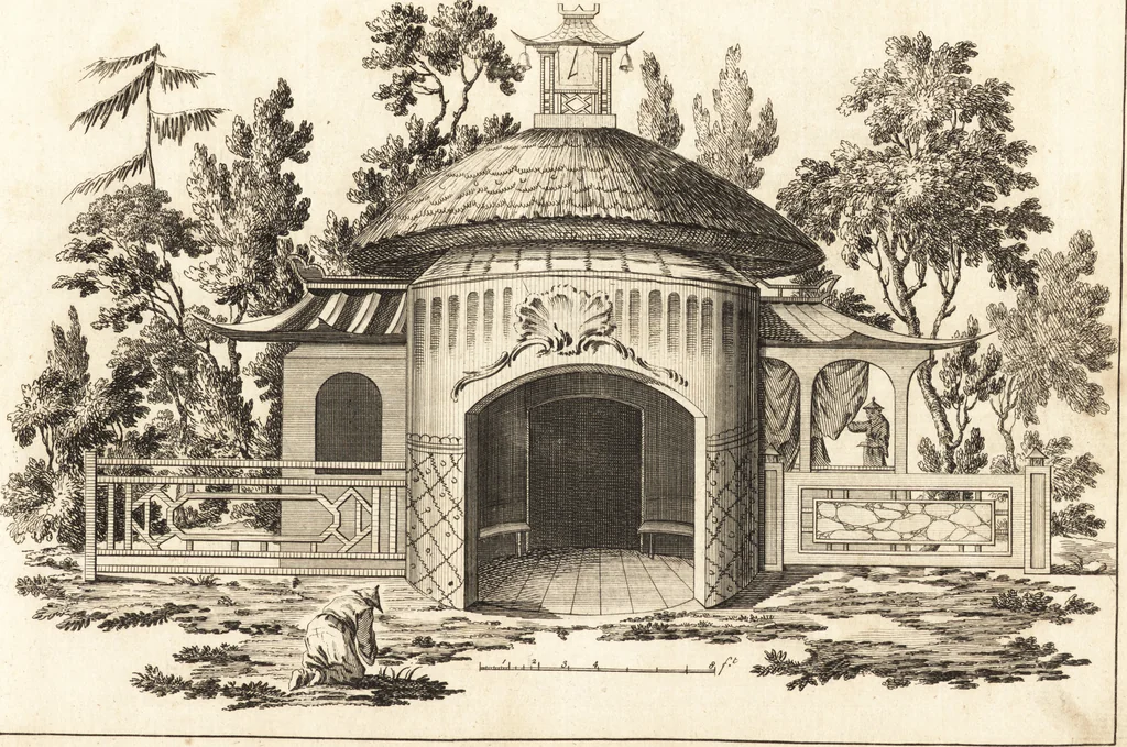 An illustration from Chinese architecture, civil and ornamental. Being a large collection of the most elegant and useful designs of plans and elevations, &c. from the imperial retreat to the smallest ornamental building in China. Likewise their marine subjects. The whole to adorn gardens, parks, forests, woods, canals, &c. .., 1759, leaf 28
