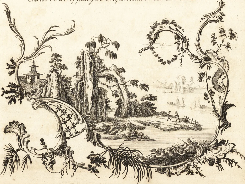 An illustration from Chinese architecture, civil and ornamental. Being a large collection of the most elegant and useful designs of plans and elevations, &c. from the imperial retreat to the smallest ornamental building in China. Likewise their marine subjects. The whole to adorn gardens, parks, forests, woods, canals, &c. .., 1759, leaf 52