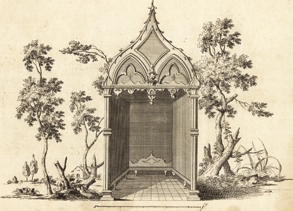 An illustration from Chinese architecture, civil and ornamental. Being a large collection of the most elegant and useful designs of plans and elevations, &c. from the imperial retreat to the smallest ornamental building in China. Likewise their marine subjects. The whole to adorn gardens, parks, forests, woods, canals, &c. .., 1759, leaf 98
