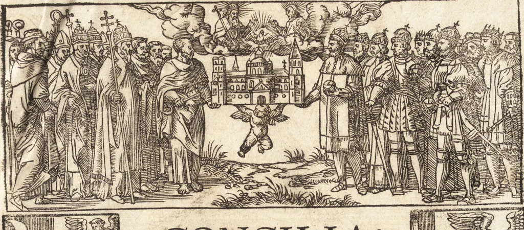 An illustration from Concilia omnia, tam generalia quam particularia : ab apostolorum temporibus in hunc vsque diem a sanctissimis patribus celebrata, & quorum acta literis mandata, ex vetustissimis diuersa[rum] regionu[m] bibliothecis haberi potuere, his duobus tomis continentur : tomvs primvs ea recenset concilia, quae a beato Petro apostolo vsq[ue] ad Iohanne[m] huius nominis papam secundu[m] seruata inuenimus : quo[rum] ordinem & nomina si quis accuratius desideret, versa pagina indicabit, 1538, leaf 4
