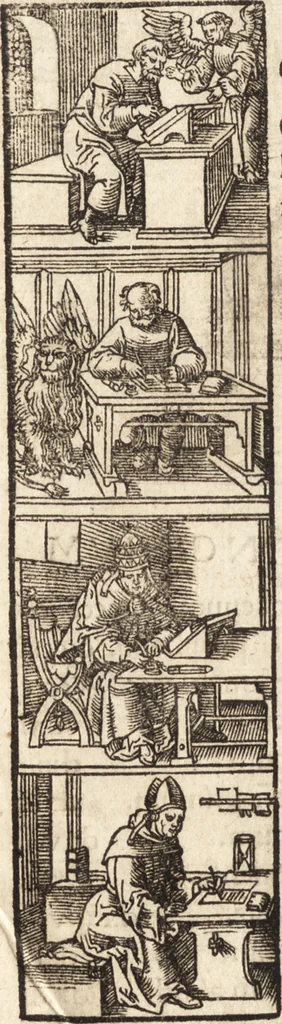 An illustration from Concilia omnia, tam generalia quam particularia : ab apostolorum temporibus in hunc vsque diem a sanctissimis patribus celebrata, & quorum acta literis mandata, ex vetustissimis diuersa[rum] regionu[m] bibliothecis haberi potuere, his duobus tomis continentur : tomvs primvs ea recenset concilia, quae a beato Petro apostolo vsq[ue] ad Iohanne[m] huius nominis papam secundu[m] seruata inuenimus : quo[rum] ordinem & nomina si quis accuratius desideret, versa pagina indicabit, 1538, leaf 4