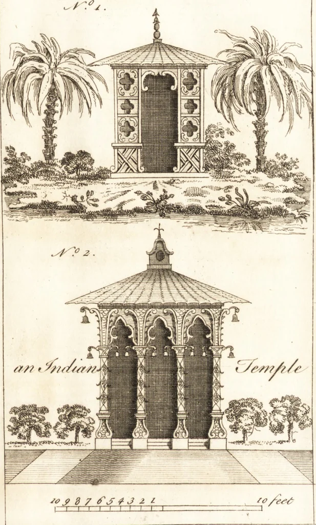 An illustration from The country gentleman's pocket companion, and builder's assistant, for rural decorative architecture : containing, thirty-two new designs, plans and elevations of alcoves, floats, temples, summer-houses, lodges, huts, grotto's, &c. in the Augustine, Gothick and Chinese taste, with proper directions annexed : also the exact estimate of their several amounts, which are from twenty-five to one hundred pounds, and most of them portable : correctly engraved on twenty-five copper plates, 1753, leaf 22