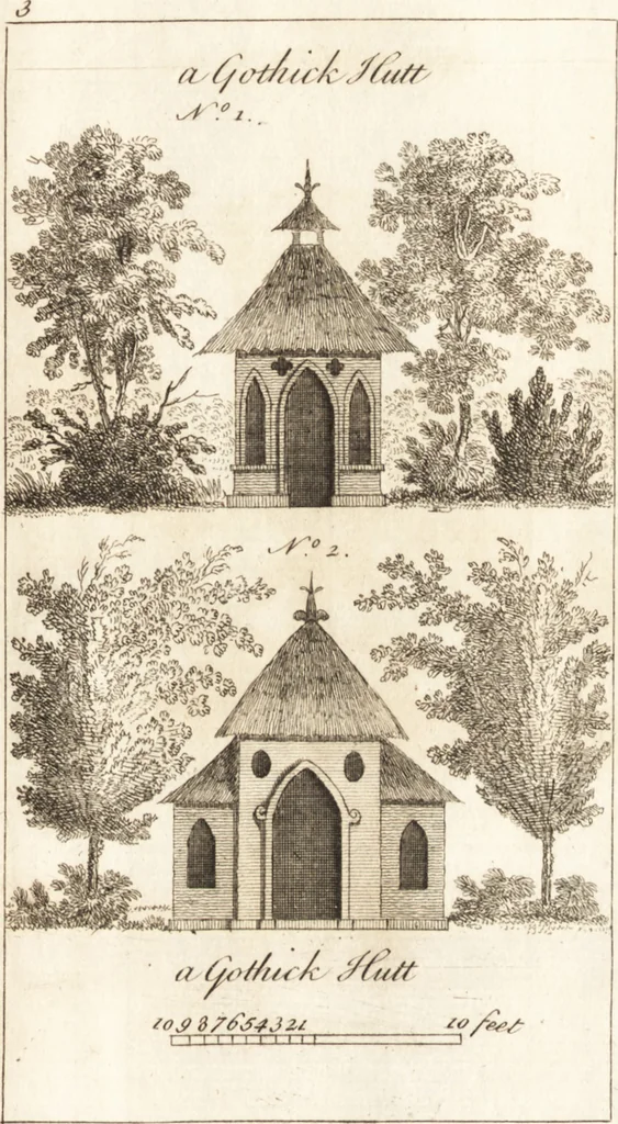 An illustration from The country gentleman's pocket companion, and builder's assistant, for rural decorative architecture : containing, thirty-two new designs, plans and elevations of alcoves, floats, temples, summer-houses, lodges, huts, grotto's, &c. in the Augustine, Gothick and Chinese taste, with proper directions annexed : also the exact estimate of their several amounts, which are from twenty-five to one hundred pounds, and most of them portable : correctly engraved on twenty-five copper plates, 1753, leaf 24