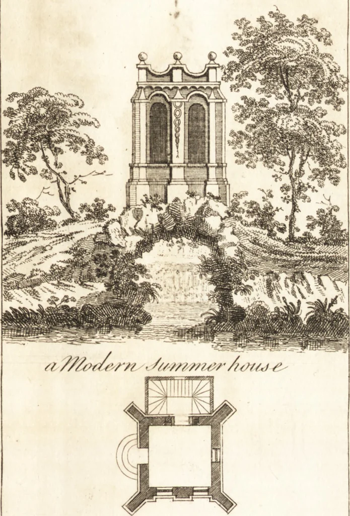 An illustration from The country gentleman's pocket companion, and builder's assistant, for rural decorative architecture : containing, thirty-two new designs, plans and elevations of alcoves, floats, temples, summer-houses, lodges, huts, grotto's, &c. in the Augustine, Gothick and Chinese taste, with proper directions annexed : also the exact estimate of their several amounts, which are from twenty-five to one hundred pounds, and most of them portable : correctly engraved on twenty-five copper plates, 1753, leaf 26
