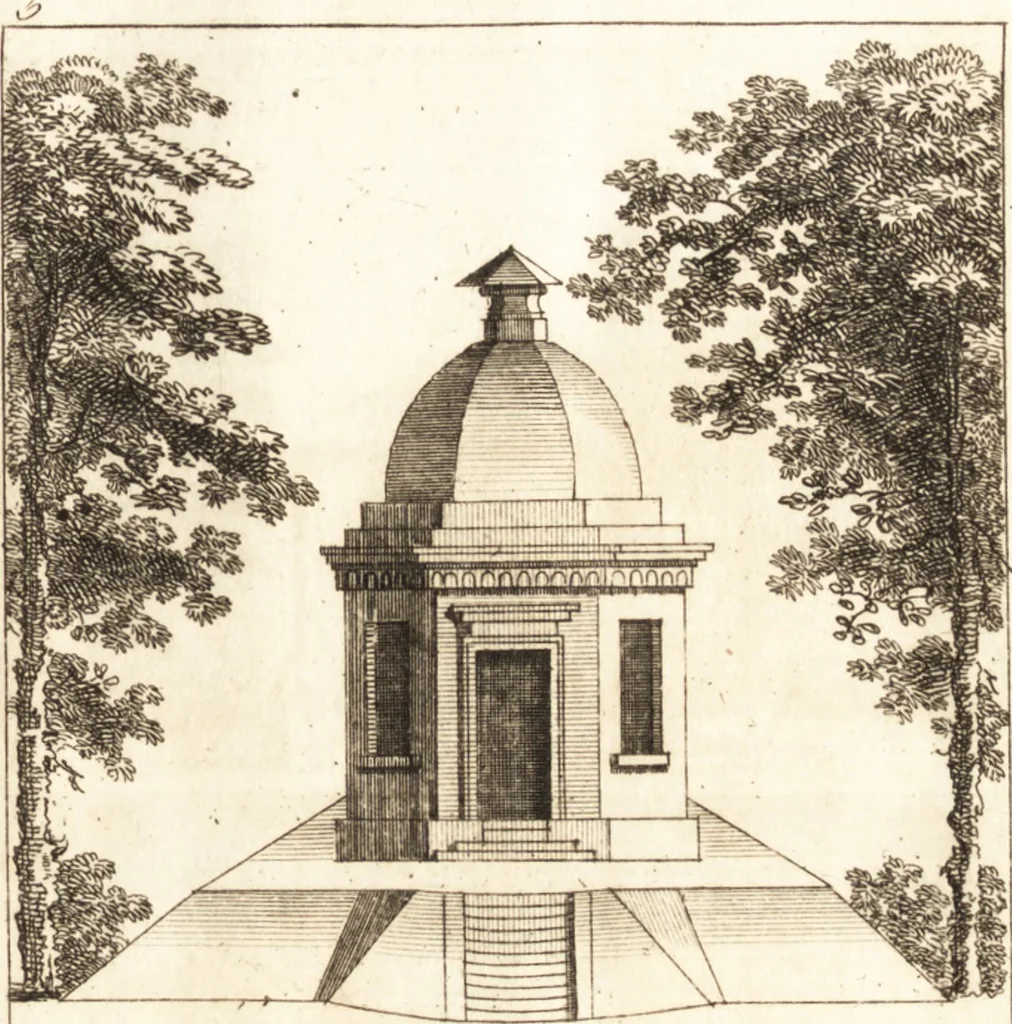 An illustration from The country gentleman's pocket companion, and builder's assistant, for rural decorative architecture : containing, thirty-two new designs, plans and elevations of alcoves, floats, temples, summer-houses, lodges, huts, grotto's, &c. in the Augustine, Gothick and Chinese taste, with proper directions annexed : also the exact estimate of their several amounts, which are from twenty-five to one hundred pounds, and most of them portable : correctly engraved on twenty-five copper plates, 1753, leaf 28