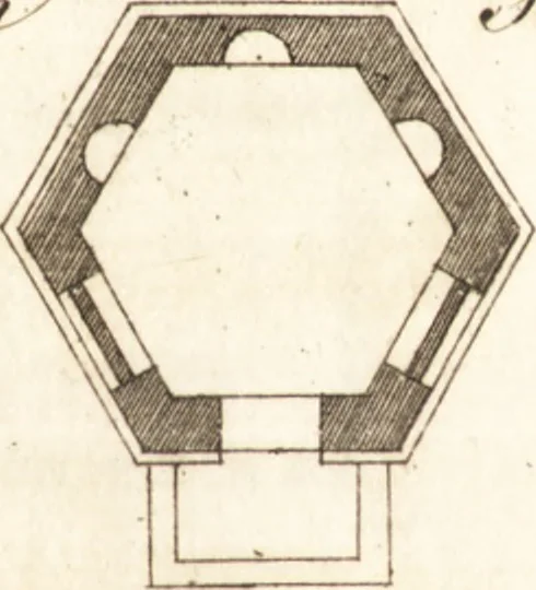An illustration from The country gentleman's pocket companion, and builder's assistant, for rural decorative architecture : containing, thirty-two new designs, plans and elevations of alcoves, floats, temples, summer-houses, lodges, huts, grotto's, &c. in the Augustine, Gothick and Chinese taste, with proper directions annexed : also the exact estimate of their several amounts, which are from twenty-five to one hundred pounds, and most of them portable : correctly engraved on twenty-five copper plates, 1753, leaf 28