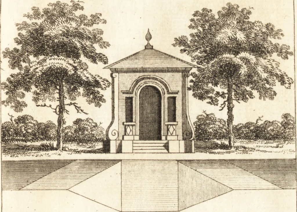 An illustration from The country gentleman's pocket companion, and builder's assistant, for rural decorative architecture : containing, thirty-two new designs, plans and elevations of alcoves, floats, temples, summer-houses, lodges, huts, grotto's, &c. in the Augustine, Gothick and Chinese taste, with proper directions annexed : also the exact estimate of their several amounts, which are from twenty-five to one hundred pounds, and most of them portable : correctly engraved on twenty-five copper plates, 1753, leaf 30