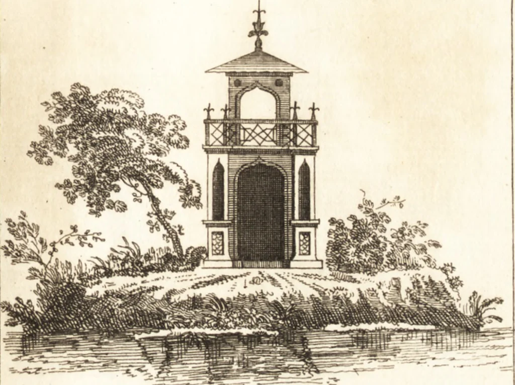 An illustration from The country gentleman's pocket companion, and builder's assistant, for rural decorative architecture : containing, thirty-two new designs, plans and elevations of alcoves, floats, temples, summer-houses, lodges, huts, grotto's, &c. in the Augustine, Gothick and Chinese taste, with proper directions annexed : also the exact estimate of their several amounts, which are from twenty-five to one hundred pounds, and most of them portable : correctly engraved on twenty-five copper plates, 1753, leaf 34