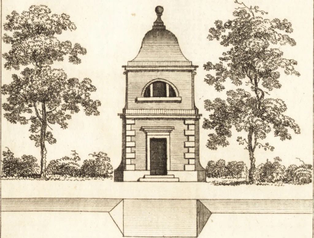 An illustration from The country gentleman's pocket companion, and builder's assistant, for rural decorative architecture : containing, thirty-two new designs, plans and elevations of alcoves, floats, temples, summer-houses, lodges, huts, grotto's, &c. in the Augustine, Gothick and Chinese taste, with proper directions annexed : also the exact estimate of their several amounts, which are from twenty-five to one hundred pounds, and most of them portable : correctly engraved on twenty-five copper plates, 1753, leaf 36