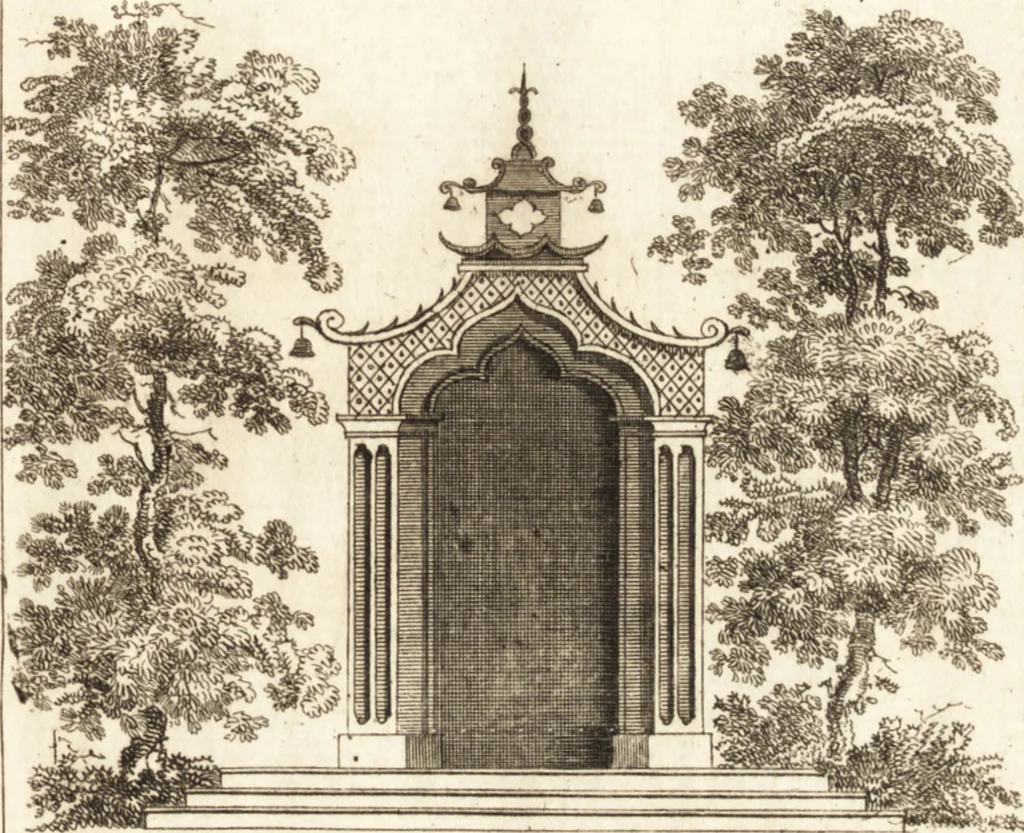An illustration from The country gentleman's pocket companion, and builder's assistant, for rural decorative architecture : containing, thirty-two new designs, plans and elevations of alcoves, floats, temples, summer-houses, lodges, huts, grotto's, &c. in the Augustine, Gothick and Chinese taste, with proper directions annexed : also the exact estimate of their several amounts, which are from twenty-five to one hundred pounds, and most of them portable : correctly engraved on twenty-five copper plates, 1753, leaf 38