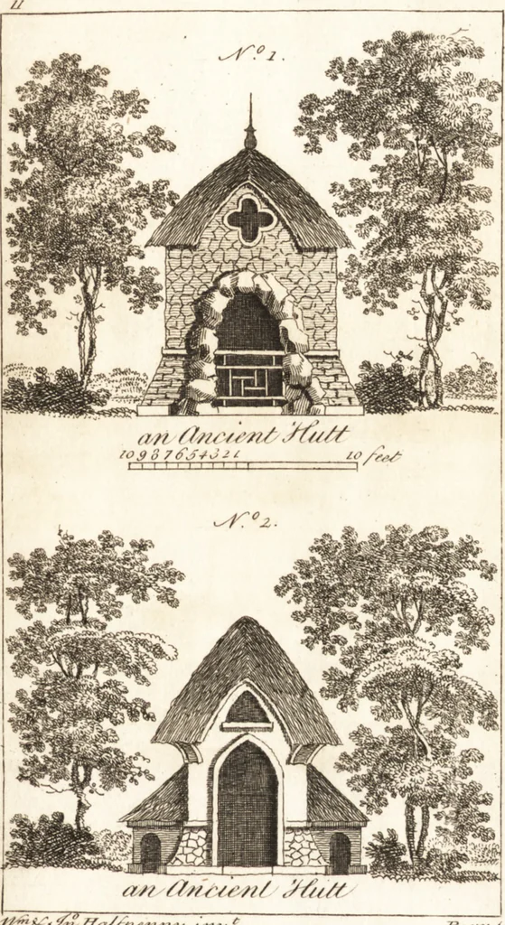 An illustration from The country gentleman's pocket companion, and builder's assistant, for rural decorative architecture : containing, thirty-two new designs, plans and elevations of alcoves, floats, temples, summer-houses, lodges, huts, grotto's, &c. in the Augustine, Gothick and Chinese taste, with proper directions annexed : also the exact estimate of their several amounts, which are from twenty-five to one hundred pounds, and most of them portable : correctly engraved on twenty-five copper plates, 1753, leaf 40
