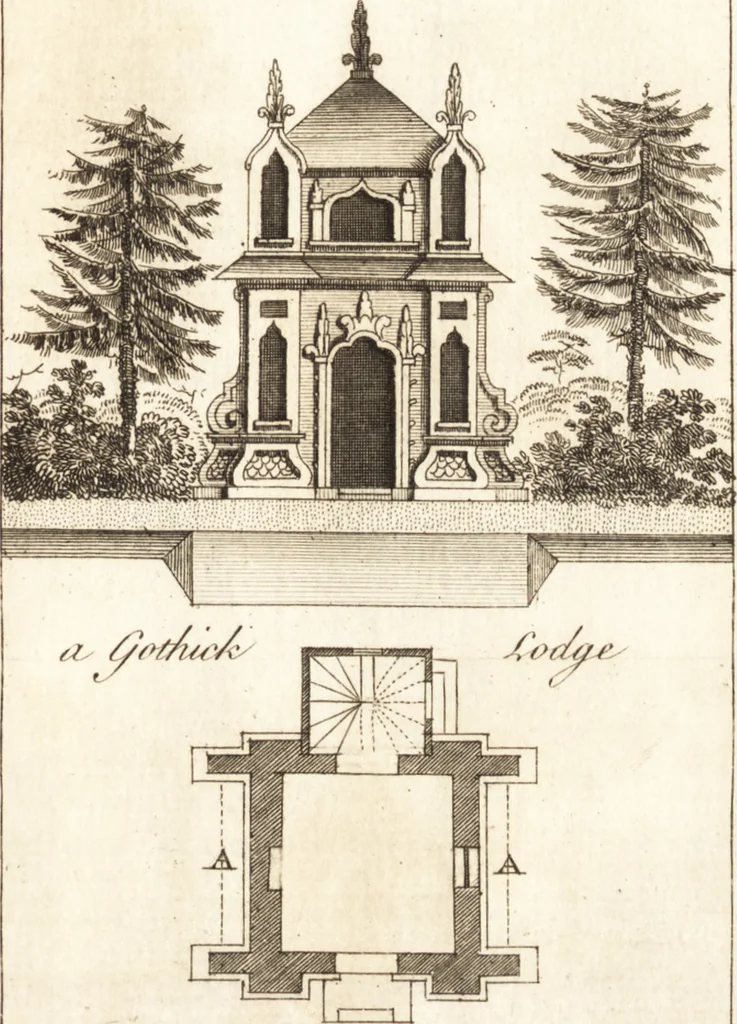 An illustration from The country gentleman's pocket companion, and builder's assistant, for rural decorative architecture : containing, thirty-two new designs, plans and elevations of alcoves, floats, temples, summer-houses, lodges, huts, grotto's, &c. in the Augustine, Gothick and Chinese taste, with proper directions annexed : also the exact estimate of their several amounts, which are from twenty-five to one hundred pounds, and most of them portable : correctly engraved on twenty-five copper plates, 1753, leaf 42