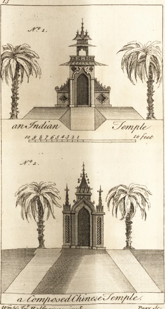 An illustration from The country gentleman's pocket companion, and builder's assistant, for rural decorative architecture : containing, thirty-two new designs, plans and elevations of alcoves, floats, temples, summer-houses, lodges, huts, grotto's, &c. in the Augustine, Gothick and Chinese taste, with proper directions annexed : also the exact estimate of their several amounts, which are from twenty-five to one hundred pounds, and most of them portable : correctly engraved on twenty-five copper plates, 1753, leaf 44