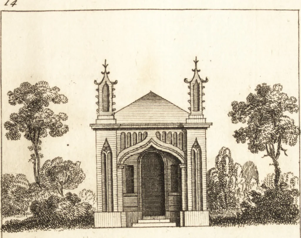 An illustration from The country gentleman's pocket companion, and builder's assistant, for rural decorative architecture : containing, thirty-two new designs, plans and elevations of alcoves, floats, temples, summer-houses, lodges, huts, grotto's, &c. in the Augustine, Gothick and Chinese taste, with proper directions annexed : also the exact estimate of their several amounts, which are from twenty-five to one hundred pounds, and most of them portable : correctly engraved on twenty-five copper plates, 1753, leaf 46