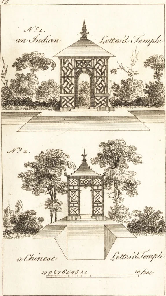 An illustration from The country gentleman's pocket companion, and builder's assistant, for rural decorative architecture : containing, thirty-two new designs, plans and elevations of alcoves, floats, temples, summer-houses, lodges, huts, grotto's, &c. in the Augustine, Gothick and Chinese taste, with proper directions annexed : also the exact estimate of their several amounts, which are from twenty-five to one hundred pounds, and most of them portable : correctly engraved on twenty-five copper plates, 1753, leaf 48