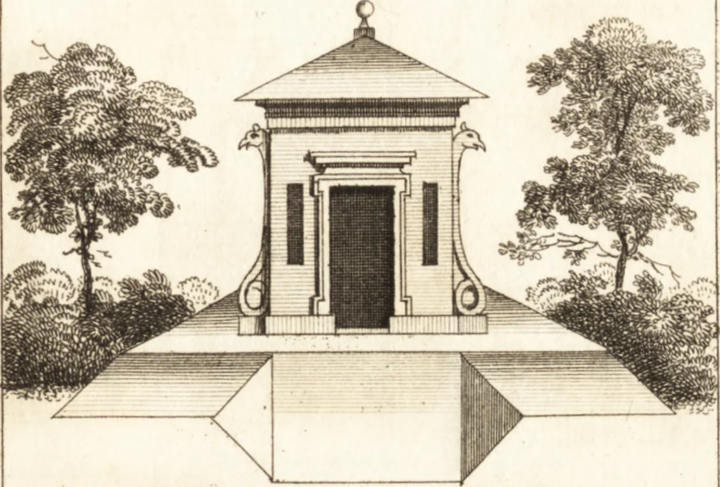 An illustration from The country gentleman's pocket companion, and builder's assistant, for rural decorative architecture : containing, thirty-two new designs, plans and elevations of alcoves, floats, temples, summer-houses, lodges, huts, grotto's, &c. in the Augustine, Gothick and Chinese taste, with proper directions annexed : also the exact estimate of their several amounts, which are from twenty-five to one hundred pounds, and most of them portable : correctly engraved on twenty-five copper plates, 1753, leaf 50